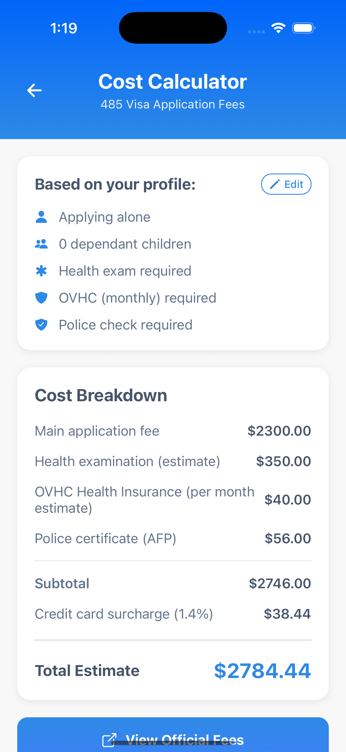 Cost Calculator Screen